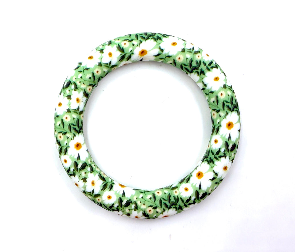 65mm Green & White Daisy Flower Print Silicone Ring With Holes