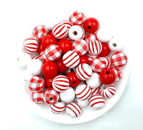 16mm Red & White Stripes and Plaid Wood Round Beads