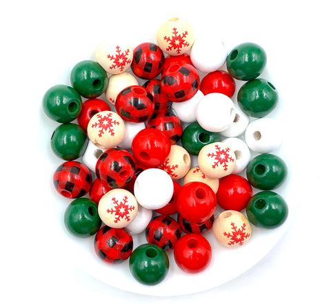 16mm Red, White & Green Snowflake and Plaid Wood Round Beads