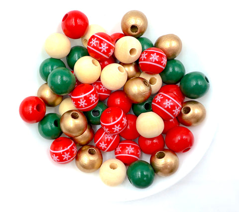 16mm Red, Gold & Green Snowflake Wood Round Beads