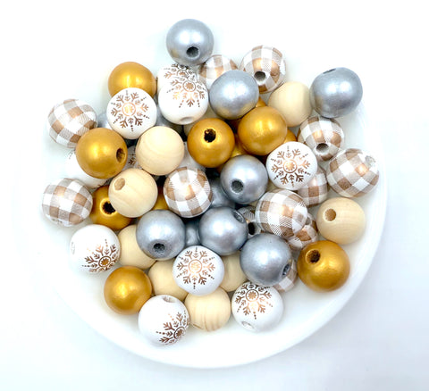 16mm Silver, Gold & White Snowflake Wood Round Beads