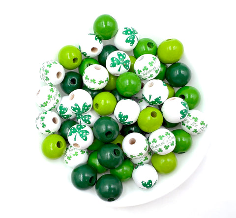 16mm Shades of Green & Clover Wood Round Beads