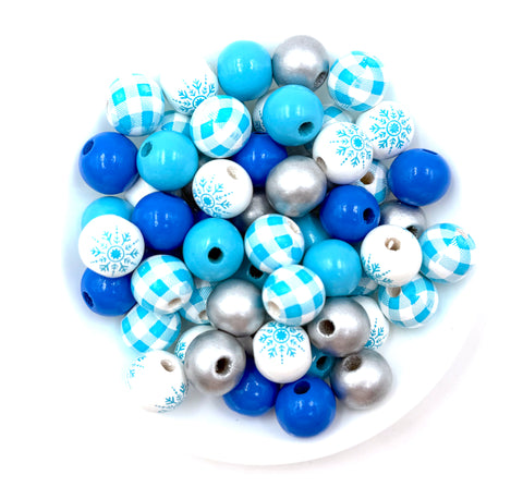 16mm Blue, White & Silver Snowflake Wood Round Beads