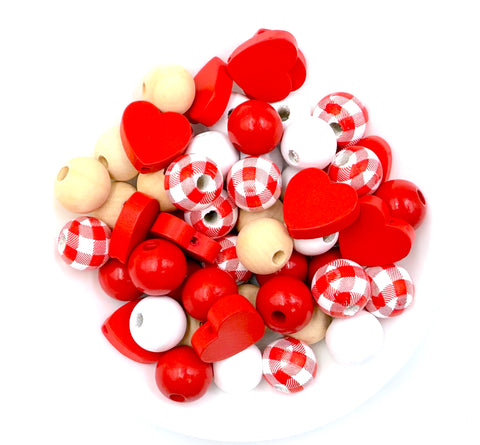 16mm Red, White & Heart Wood Round Beads