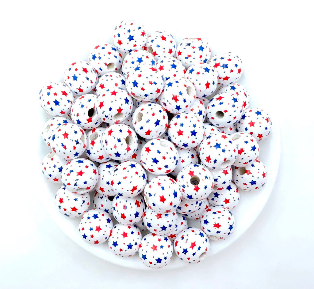 16mm Red, White & Blue Star Wood Round Beads