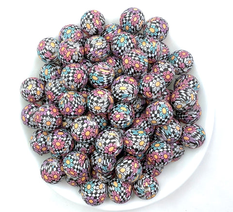 Daisy & Checkered Print Silicone Beads--15mm