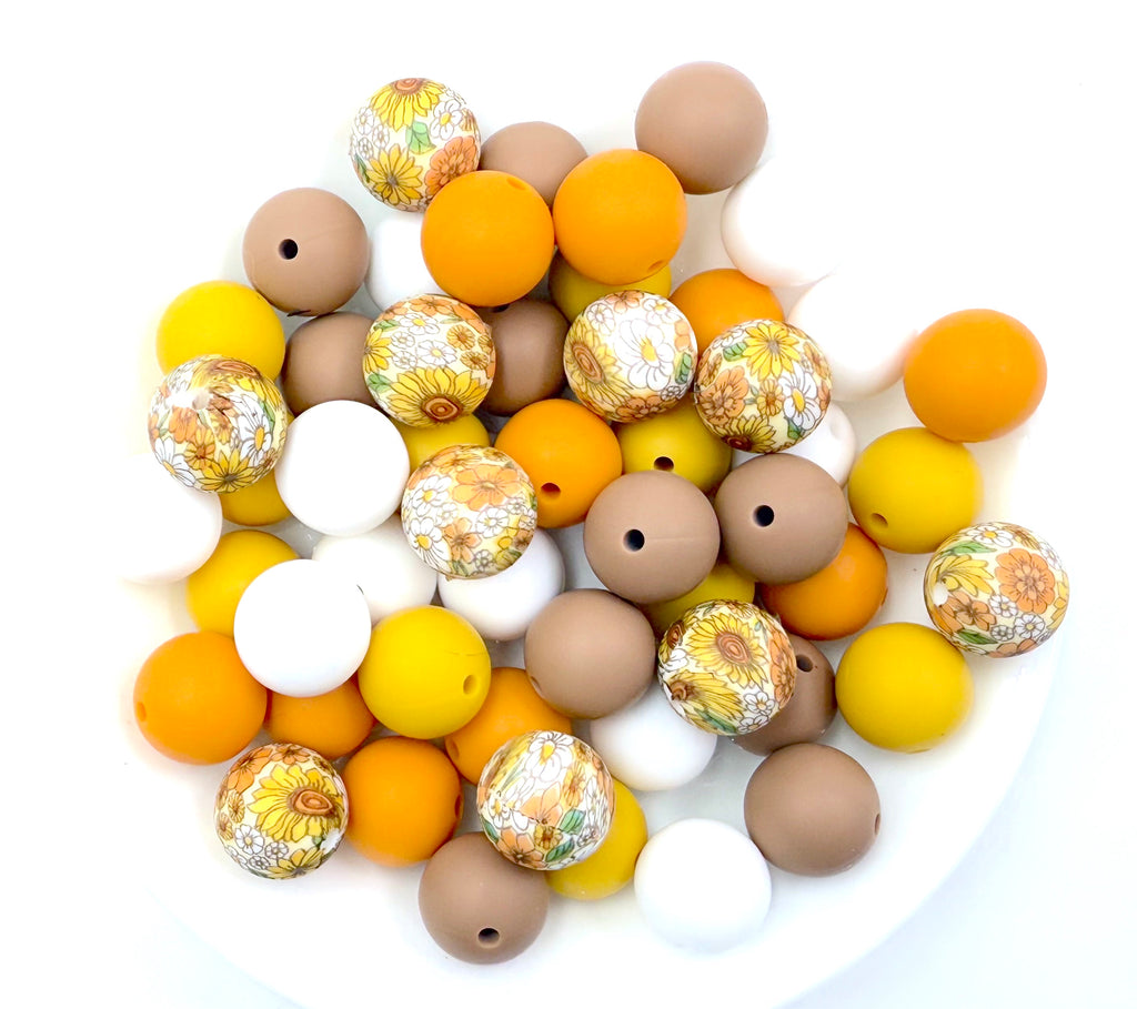 Sunflower and Daisy Silicone Bead Mix--White, Sunflower, Mango, Latte