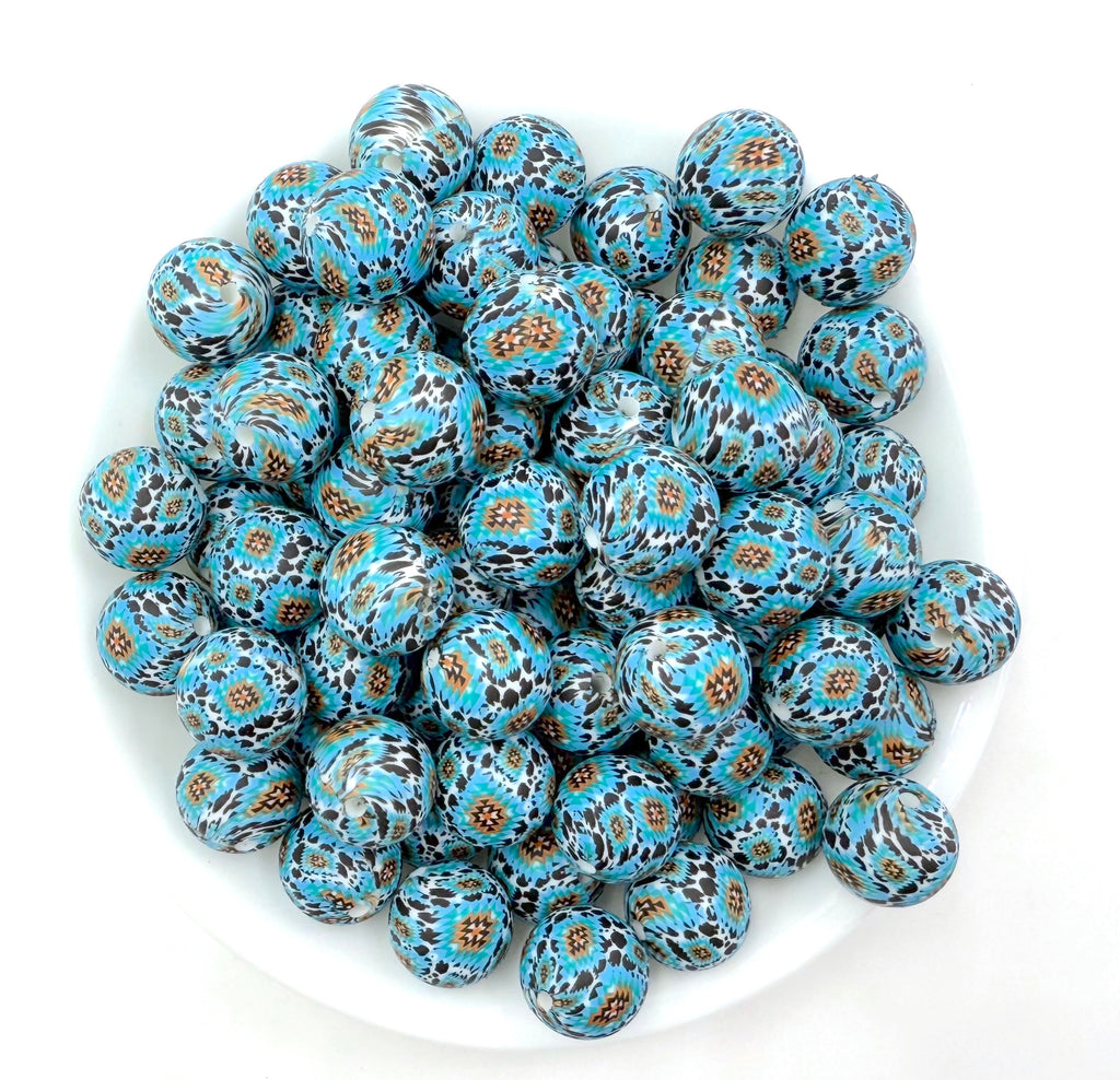 Blue Aztec Cow Print Silicone Beads--15mm