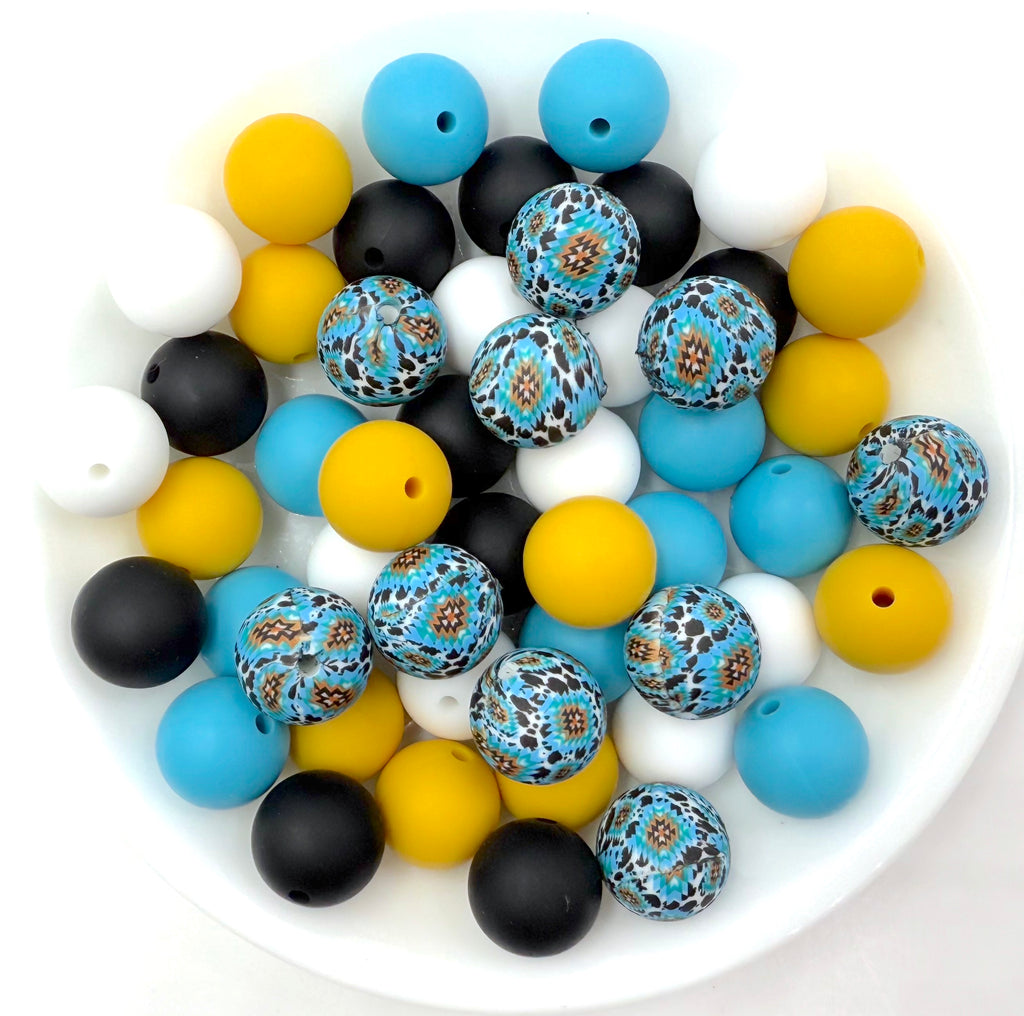 Blue Aztec Cow Silicone Bead Mix--White, Sunflower, Island Blue, Black