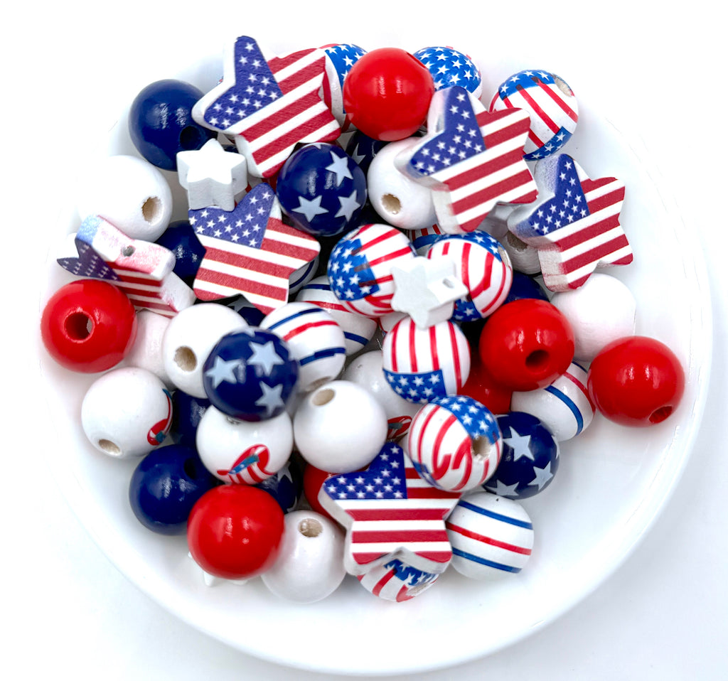 16mm 4th of July Star Mix Wood Round Bead