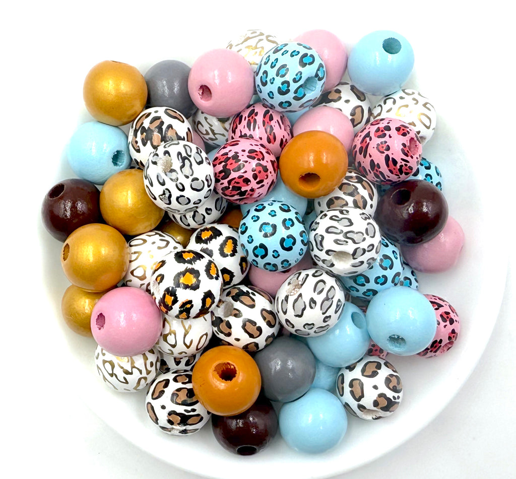 16mm Animal Print Mix Wood Round Beads