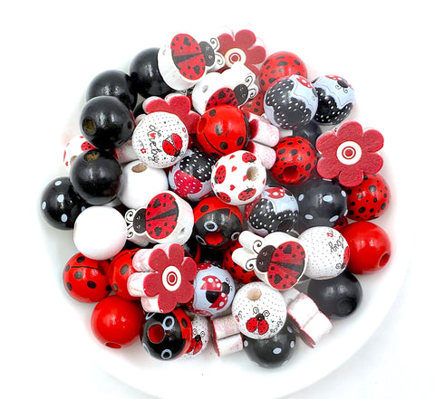 16mm Ladybug Mix Wood Round Beads