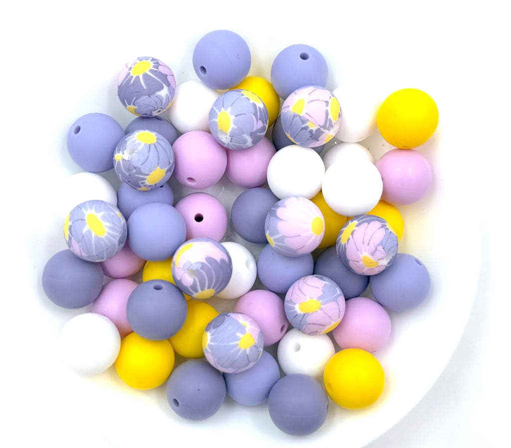 Big Purple Daisy Silicone Bead Mix--White, Periwinkle, Sweet Lilac, Yellow, Tropical Lilac