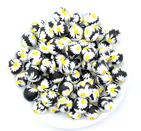 Big Black & White Daisy Print Silicone Beads--15mm