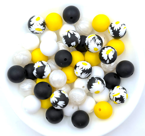 Big Black & White Daisy Silicone Bead Mix--White, Black, Yellow, Pearl White