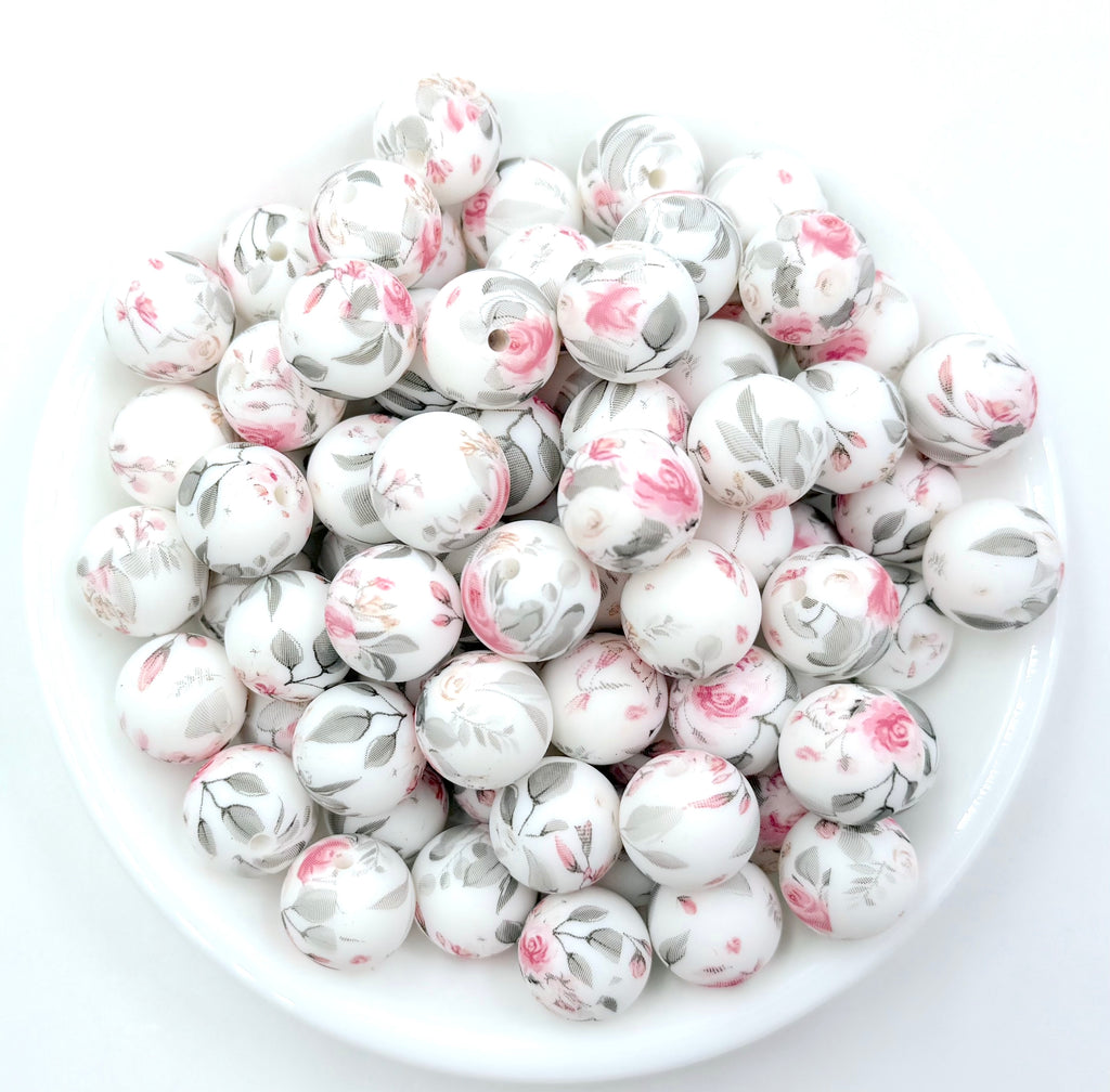 Pink & Gray Flower Print Silicone Beads--15mm