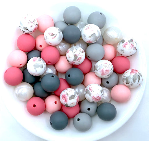 Pink & Gray Flower Silicone Bead Mix--Gray, Perfectly Pink, Pink Quartz, Light Gray, Pearl White