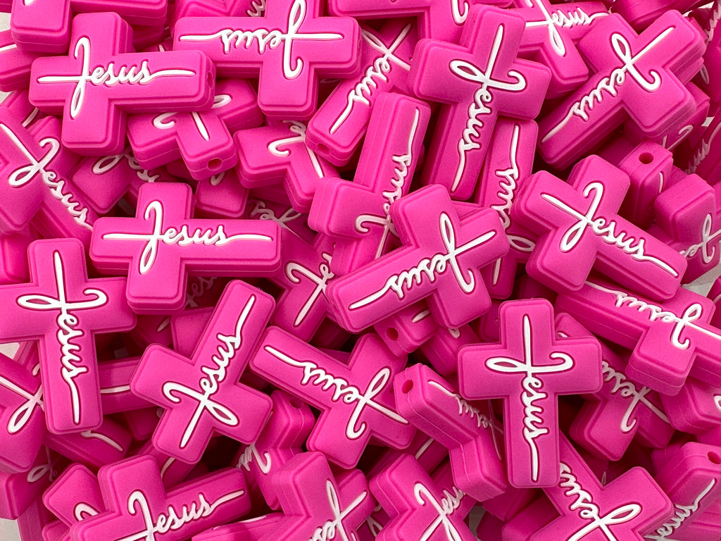 Jesus Cross Silicone Focal Bead--Hot Pink