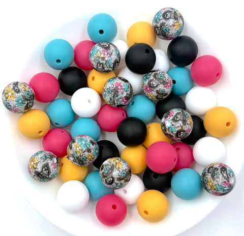 Cows & Flowers Silicone Bead Mix--White, Light Hot Pink, Seaside, Golden Yellow, Black