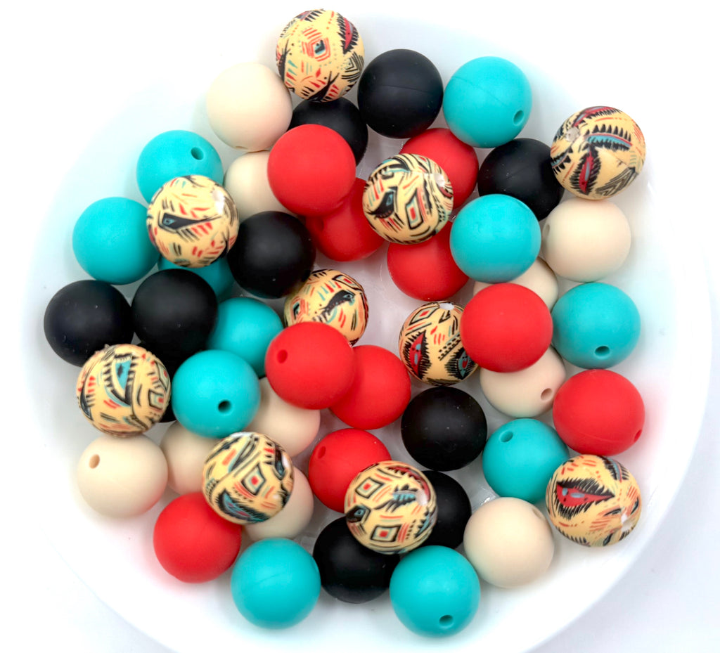 Southwest Western Silicone Bead Mix--Coral Red, Turquoise, Beige, Black