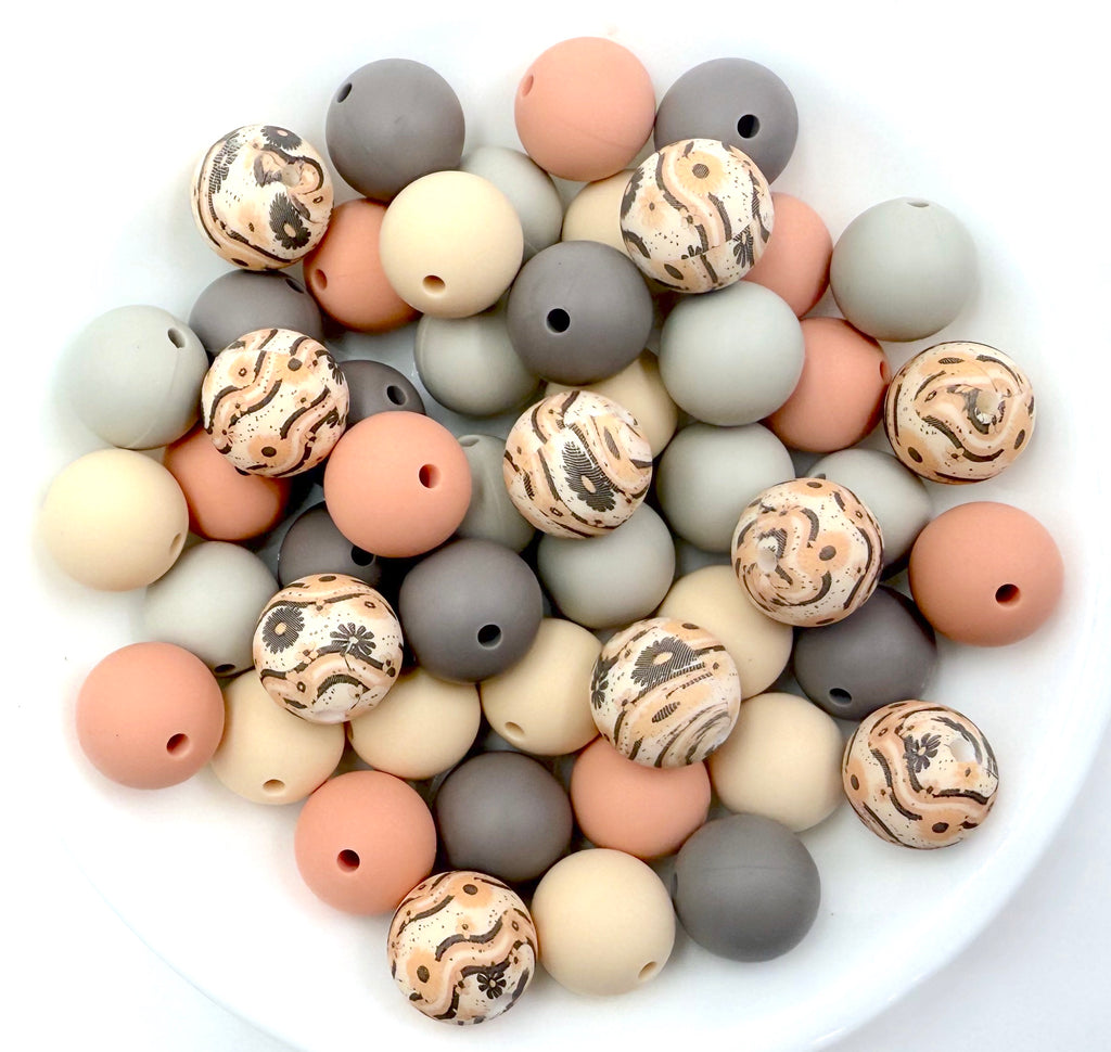 Peach Daisy Printed Silicone Bead Mix--Beige, Riverstone, Peach Sorbet, Taupe