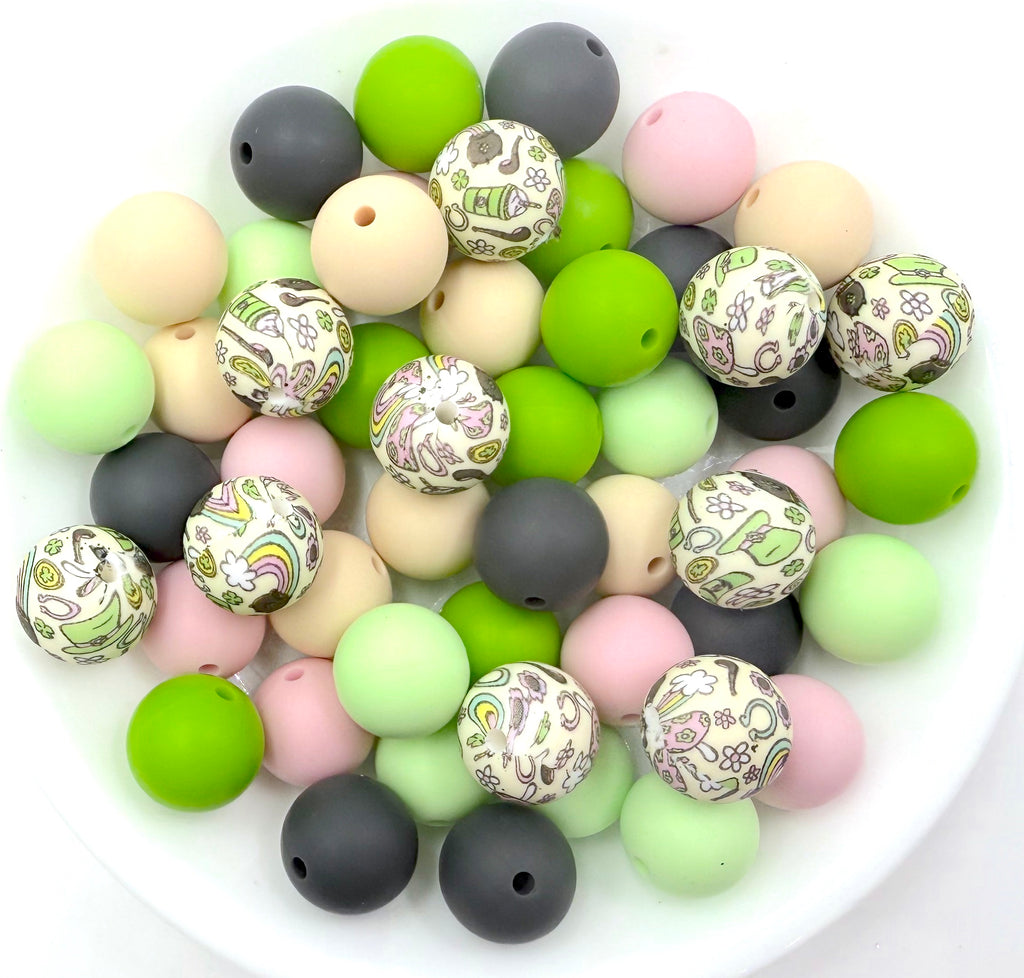 Vintage St. Patrick's Day Printed Silicone Bead Mix--Beige, Honeydew, Green, Powder Pink, Charcoal