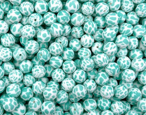 Turquoise Cow Print Silicone Beads - Dalmatian Printed Beads--15mm