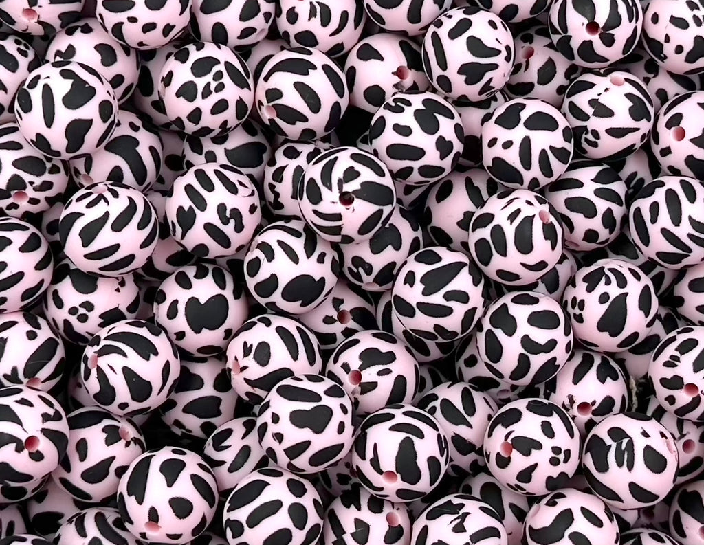 15mm Black & Pink Cow Printed Silicone Beads