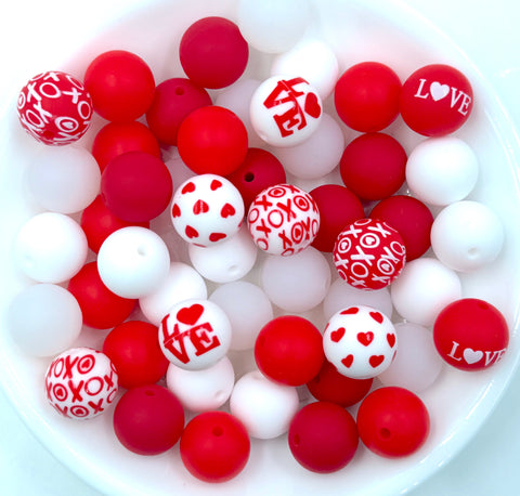 Valentine's Day Printed Silicone Bead Mix--White, Red, Clear, Strawberry Red