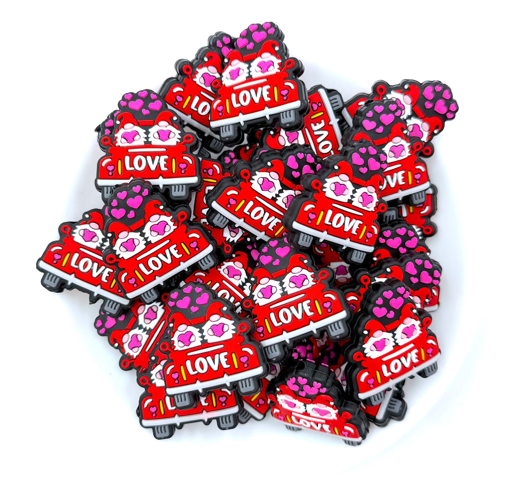 Valentine's Day Gnome Love Truck Silicone Focal Beads--Red