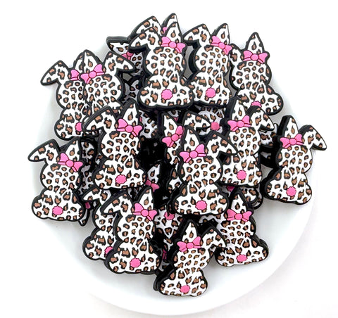 White Leopard Easter Bunny Silicone Focal Beads--Pink