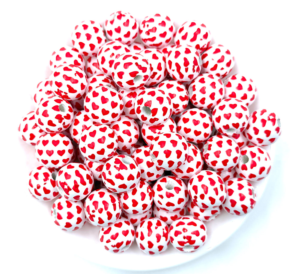 16mm Red & White Mini Heart Wood Round Beads