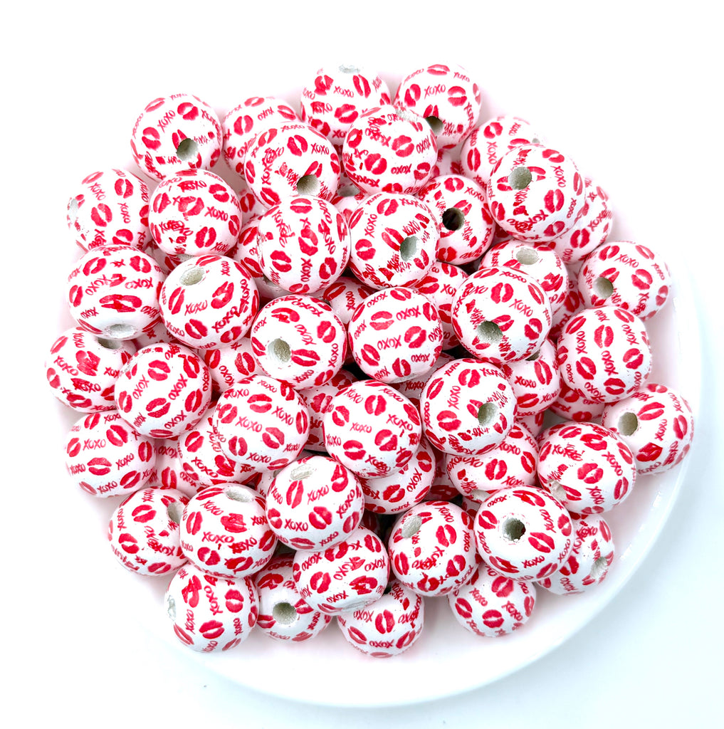 16mm Lips XOXO Wood Round Beads