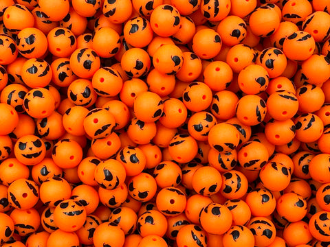 Jack-O-Lantern Orange Pumpkin Print Silicone Beads--15mm