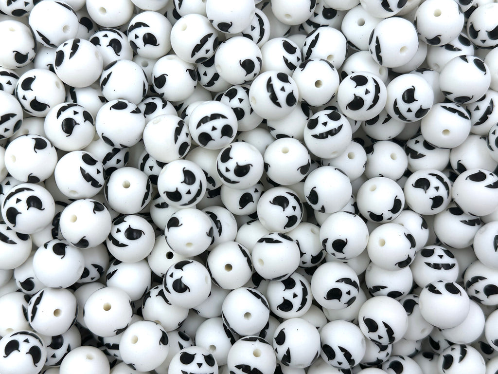 Jack-O-Lantern White Pumpkin Print Silicone Beads--15mm