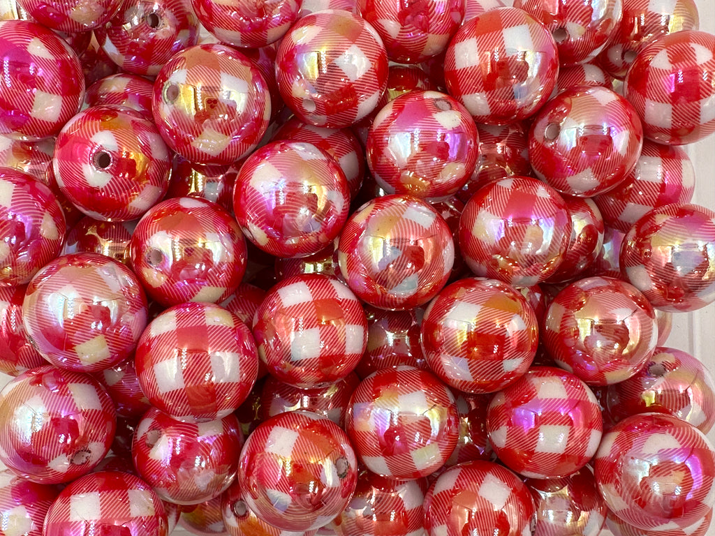 20mm AB Iridescent Red Plaid Print Chunky Beads