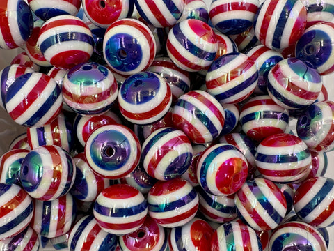 20mm AB Iridescent Red, White & Blue Striped Print Chunky Beads