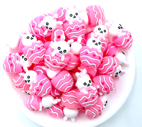 3D Easter Bunny In Egg Silicone Focal Beads--Pink