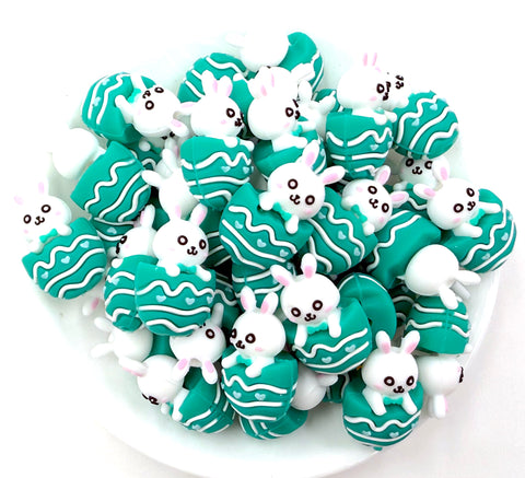 3D Easter Bunny In Egg Silicone Focal Beads--Turquoise