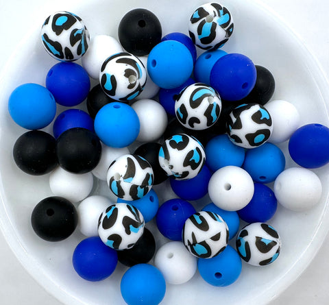 Blue Leopard Silicone Bead Mix--White, Black, Sky Blue, Royal Blue