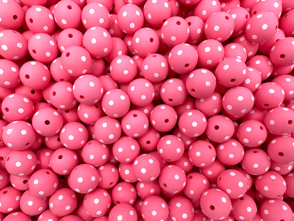 Perfectly Pink & White Polka Dot Printed Silicone Beads--15mm