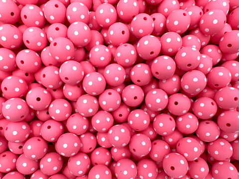Perfectly Pink & White Polka Dot Printed Silicone Beads--15mm