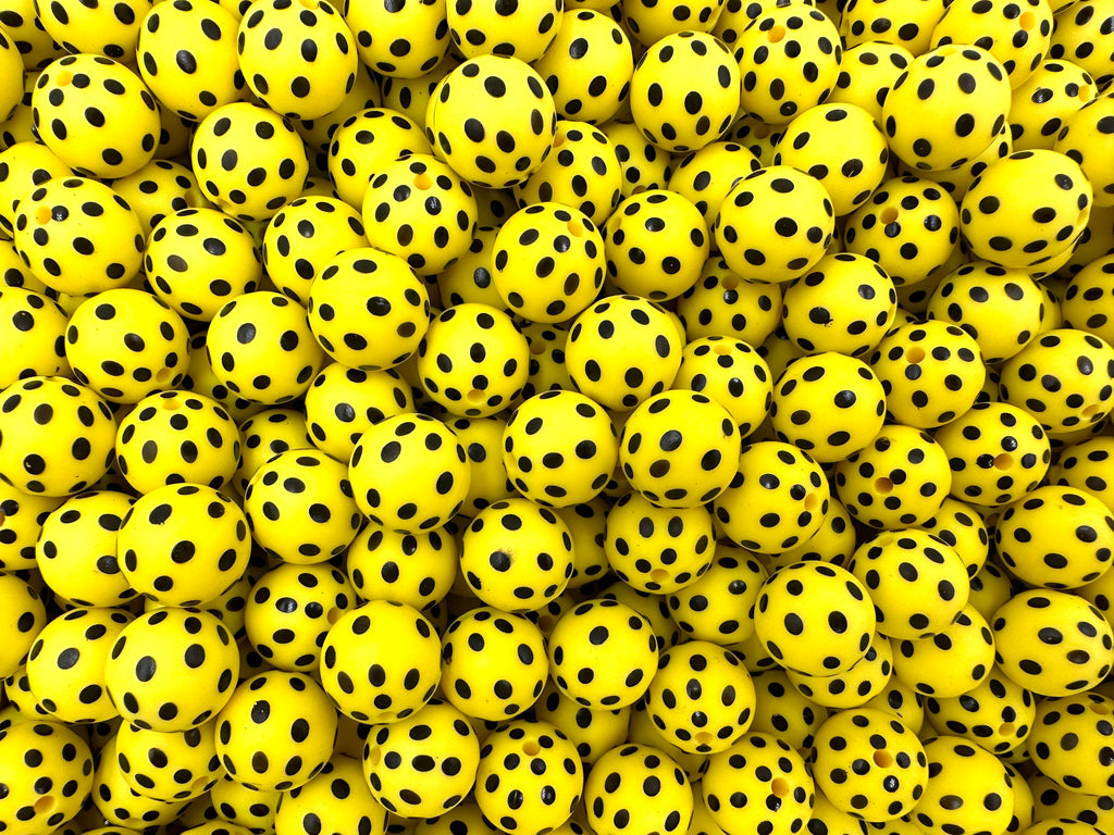 Yellow & Black Polka Dot Printed Silicone Beads--15mm