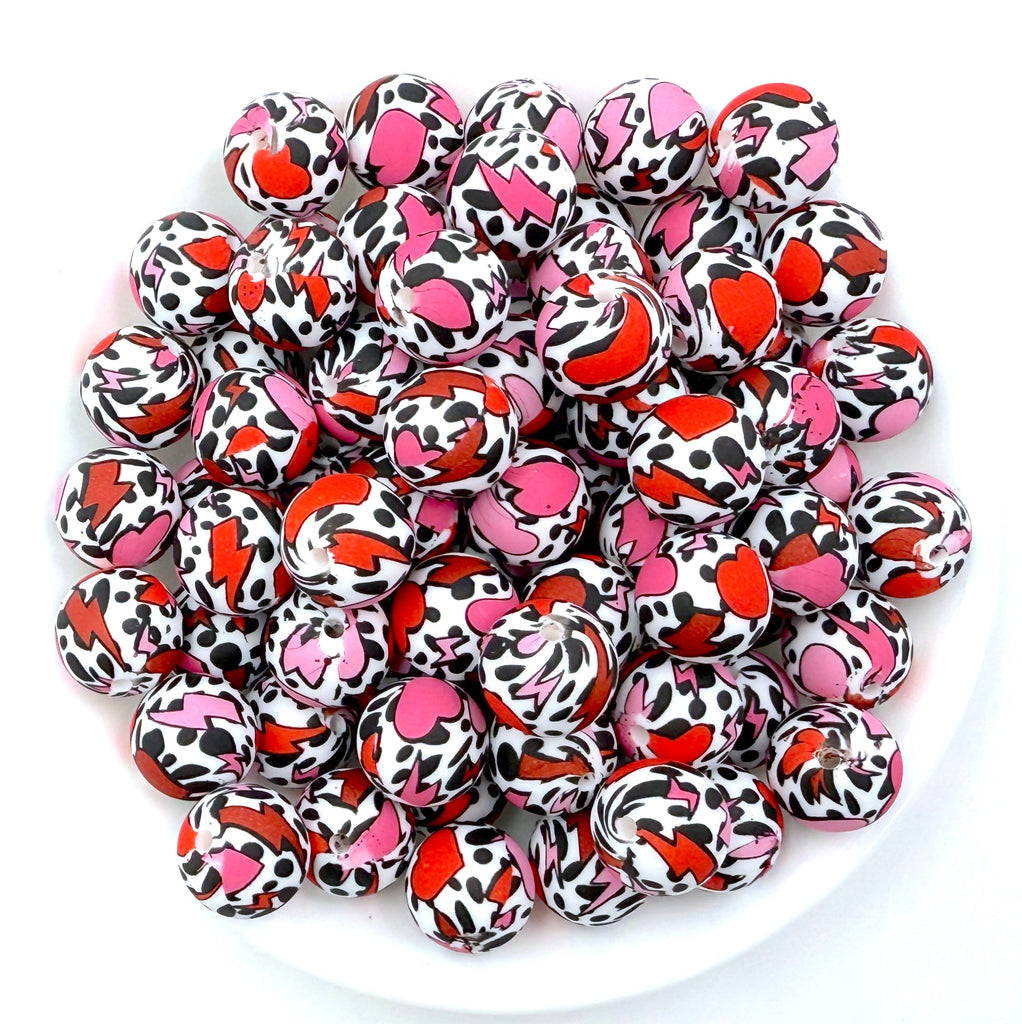 Red & Pink Heart Valentine's Print Silicone Beads--15mm