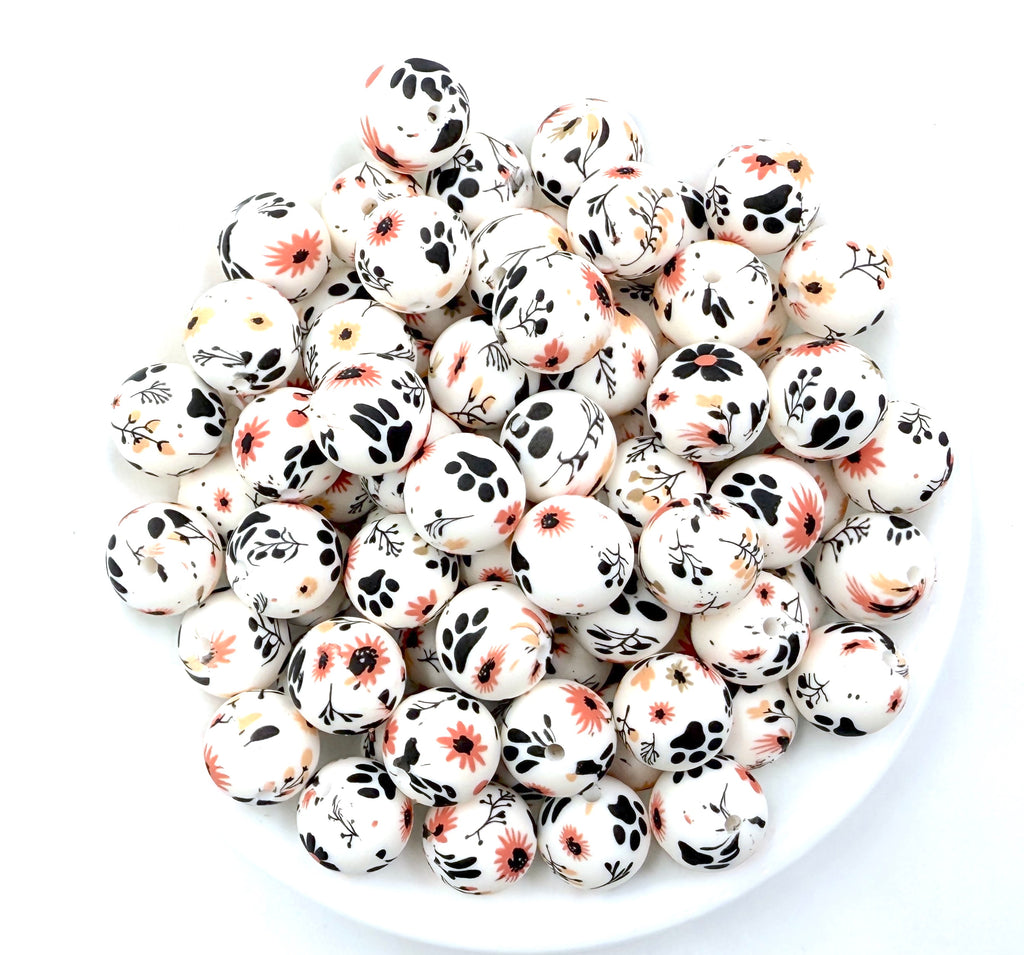 15mm Floral Paw Print Silicone Beads