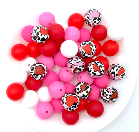 Red & Pink Heart Valentine's Day Printed Silicone Bead Mix-- Red, Pink, Strawberry Red, Flamingo