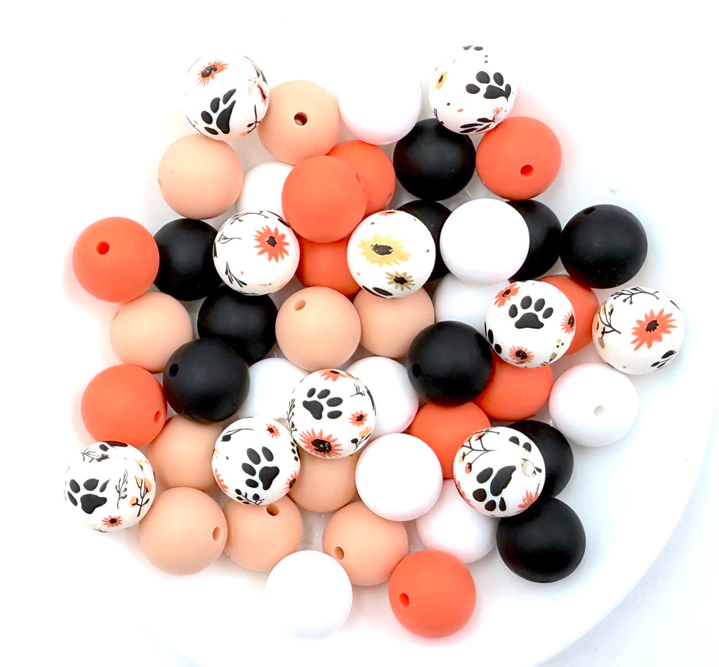 Floral Paw Print Silicone Bead Mix--Salmon, Coral Spice, White, Peach, Black