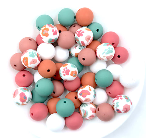 Spring Floral Paw Print Silicone Bead Mix--Eucalyptus, Ginger, Rose, Strawberry Ice, White