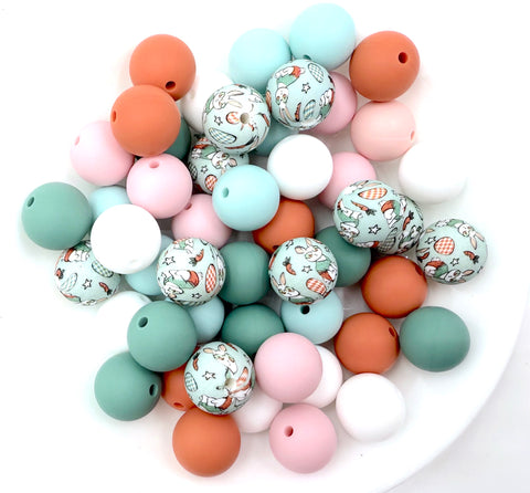 Easter Bunny Print Silicone Bead Mix--Eucalyptus, Ginger, Powder Pink, White, Pale Blue