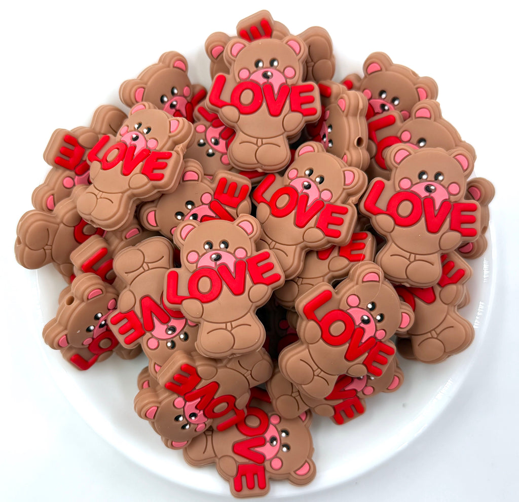 Love Teddy Bear Silicone Beads--Light Brown